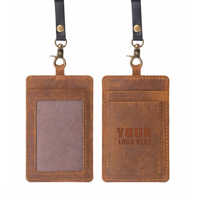 Genuine Cowhide Leather Retractable Badge Holder
