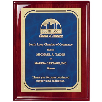 Rosewood Piano Finish Plaque with Blue Marble Plate Florentine Border, 8 x 10"