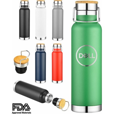 22oz Double Wall Stainless Steel Vacuum Insulated Travel Bottle with Bamboo Lid. Powder Coated
