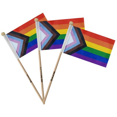 LGBTQ+ 4"x6" Progress Pride Flag With Wooden Pole V1 - Popular Official Design