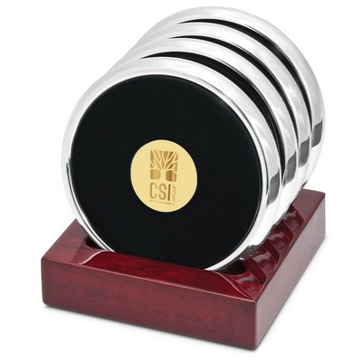 Set of Four Silver Coasters W/ Gold Medallion