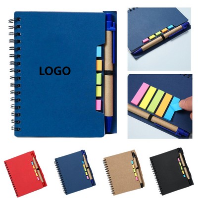 Spiral Bound Notebook with Sticky Note Tabs and Included Ballpoint Pen