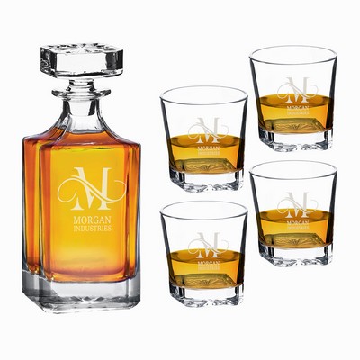 Square-Shaped Glass 750ml Decanter Gift Set with Four 11 Oz. Rocks Glasses