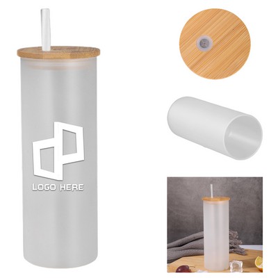 18Oz Frosted Glass Cup Tumbler W/ Bamboo Lid