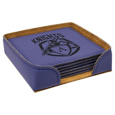 Square Coaster Set with 6 pcs, Purple Faux Leather, Engraved, 4" x 4"