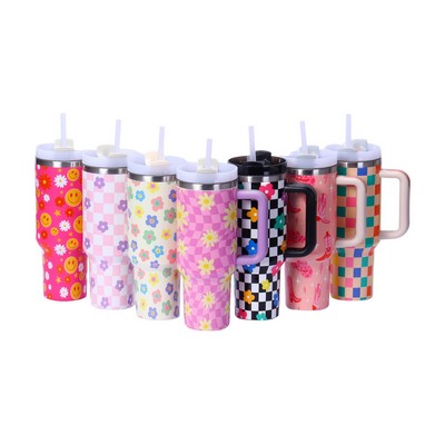 40 oz Commuter Floral Insulated Tumbler W/Handle and Straw