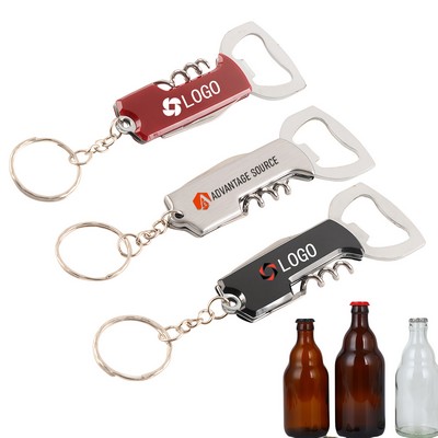 4-in-1 Stainless Steel Wooden Handle Bottle Opener Keychain