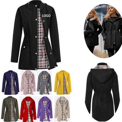 Women's Long Hooded Rain Jacket Outdoor Raincoat Windbreaker