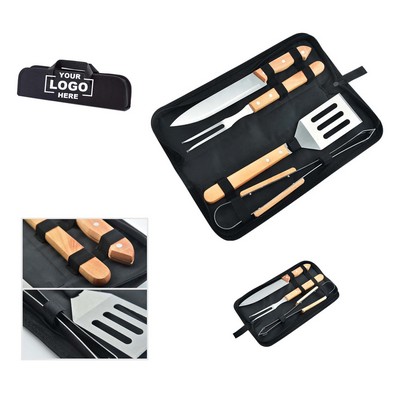 4-Piece Stainless Steel BBQ Tool Set with Wooden Handles