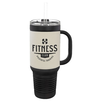 Polar Camel 40 oz. Black with White Laserable Leatherette Travel Mug with a Handle & Straw