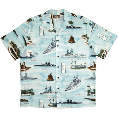Aqua Blue Hawaiian Tropical Military Print Shirt - Navy Ships Circa WWII
