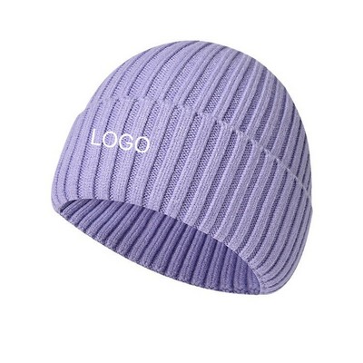 Autumn Winter Thick Knitted Beanie Warm Embroidered Hat Unisex Solid Color Soft Yarn Cap