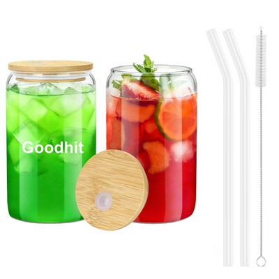 16oz Can Shaped Drinking Glass with Straw & Bamboo Lid