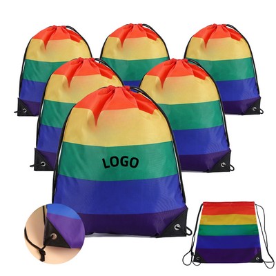 Portable Polyester Rainbow Drawstring Backpack
