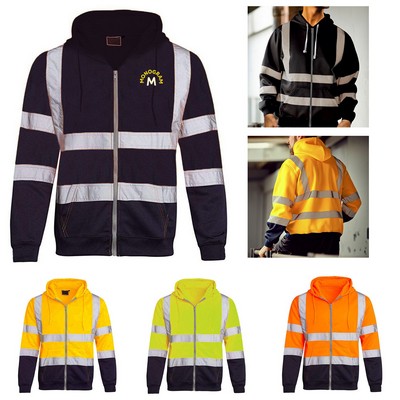 Safety Zipper Hoodie With Kangaroo Pocket Reflective