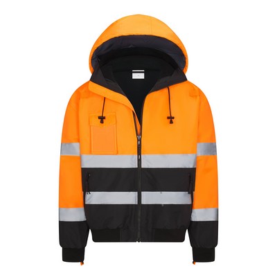 3-in-1 ANSI Class 3 Black Bottom Bomber Jacket, Safety Orange