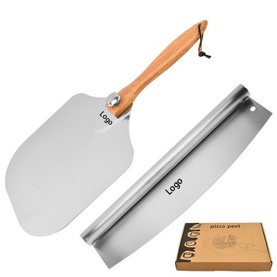 Premium Aluminum Pizza Peel Featuring Foldable Wooden Handle And Rocker Cutter