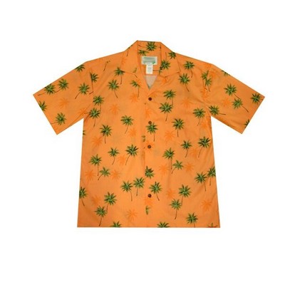 Orange Hawaiian Cotton Poplin Shirt w/ Button Front & Short Sleeves