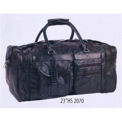 Genuine 23" Black Leather Travel Bag w/ Multiple Pockets & Carry Strap