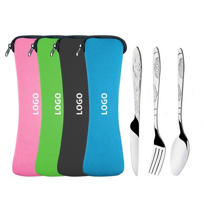 3pcs Set Dinnerware Stainless Steel Spoon Fork Steak Knife Set Travel Cutlery Tableware with Bag