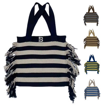 Polyester striped knitting tote bag