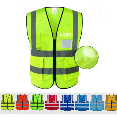 High Visibility Breathable Mesh Fabric Safety Vest w/Multi Pockets & Zipper & Reflective Strips