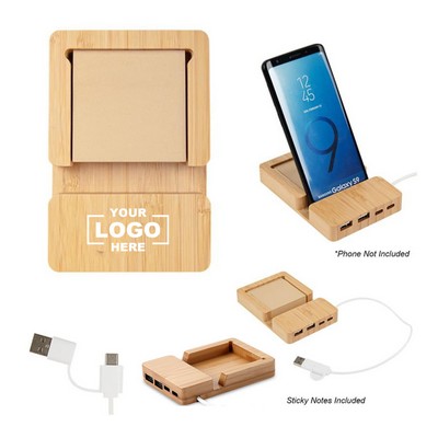Bamboo Multi-Port Hub With Phone Holder & Sticky Notes