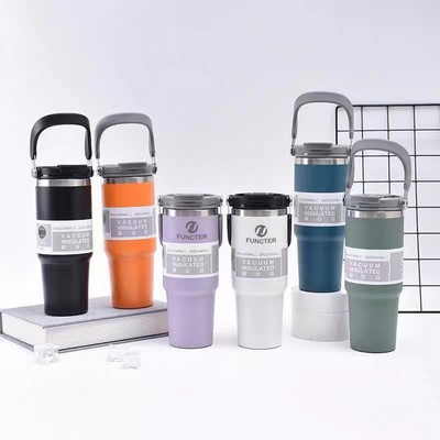 30 Oz /900ml Insulated Water Bottle Tumbler Cup W/Flip Straw and Handle Loop