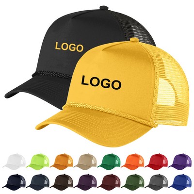 Classic 5-Panel Cotton Twill Mesh Snapback Trucker Hat w/Rope