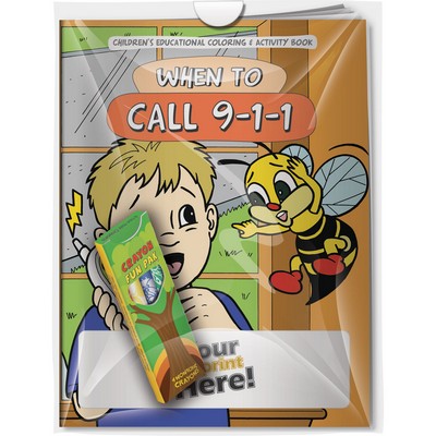 Combo Pack - "When to Call 9-1-1" Coloring Book & 4-Pack of Crayon (Imprinted) in a Poly Bag