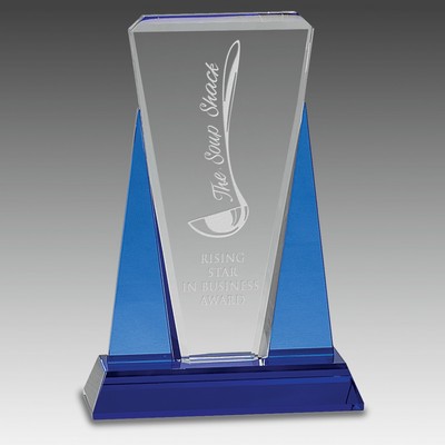 6" x 8.5" Blue/Clear Wedge Crystal on Blue Pedestal Base