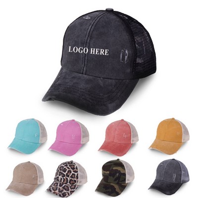 Washed Distressed Ponytail Baseball Cap