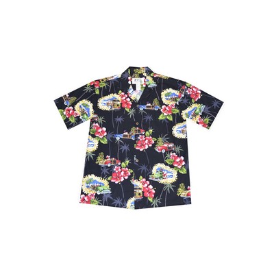 Black Christmas Hawaiian Cotton Poplin Shirt w/ Button Front & Short Sleeves