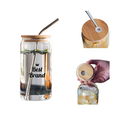 16oz Clear Glass Cup with Metal Straw