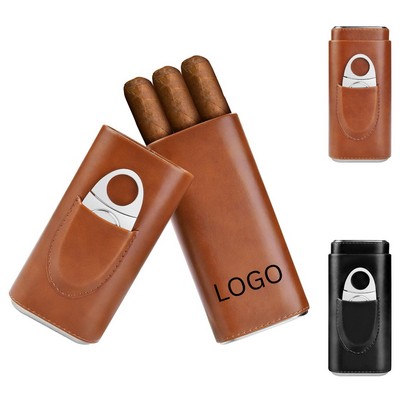 PU Leather Cigar Travel Case - 3-Cigar Humidor with Cedar Wood Lining & Cutter