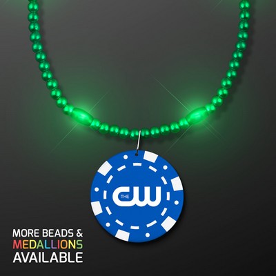 Green LED Bead Necklace with Blue Poker Chip Medallion - PRINTED