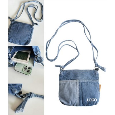 9.1 X 7.5 Inch Denim Square Phone Pouch Bag W/ Denim-Zip