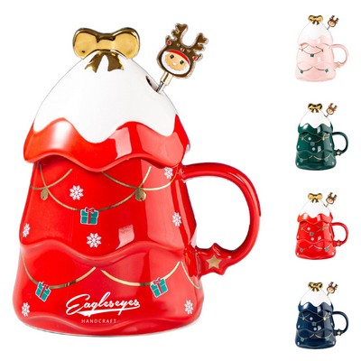 17 oz Holiday Tree Ceramic Beverage Mug with Lid and Stirrer