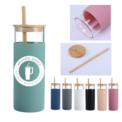 20oz Bamboo Lid Glass Cup with Wood Straw and Silicone Sleeve