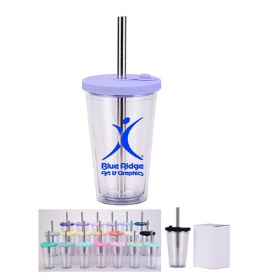 16 Oz. Double Wall Plastic Wide Mouse Cup With Stainless Steel Straw