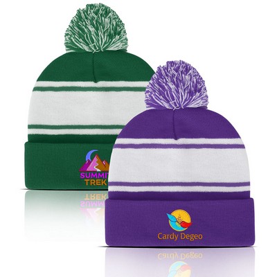 Two Tone Knit Pom Beanie with Cuff