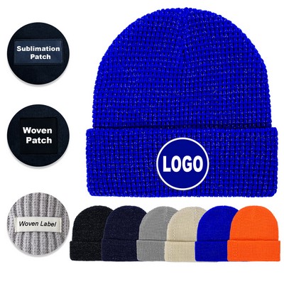 Shiny Waffle Knit Cuffed Beanie (Unisex)