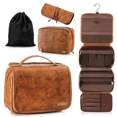3-In-1 Travel Toiletry Bag Waterproof Leather Hanging Shaving Kit with Independent Compartments
