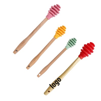 Wooden-Handled Silicone Honey & Syrup Dipper with Stirrer