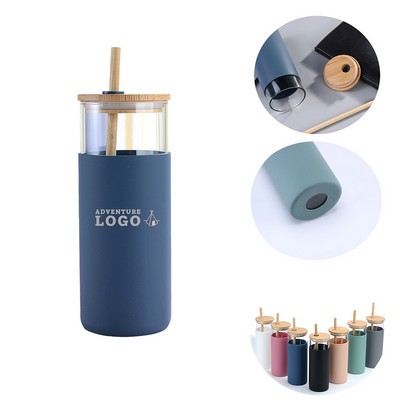 17oz High Borosilicate Glass Cup W/ Bamboo Lid & Straw & Silicone Sleeve