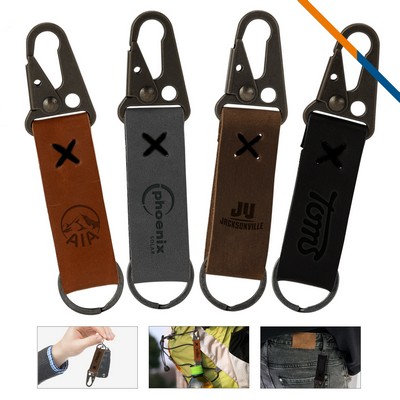 LuxeLink Antique Nickel Carabiner Leather Keychain