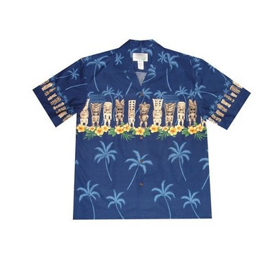 Navy Hawaiian Border Print Cotton Poplin Shirt w/ Button Front