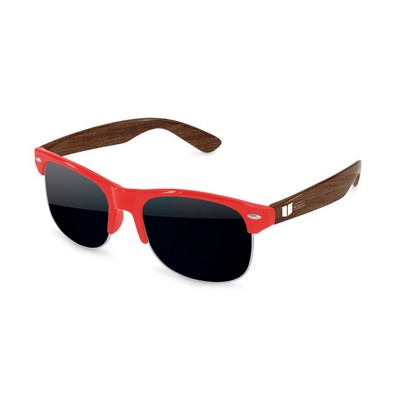 2-Tone Faux-Wood Club Sport Sunglasses W/ Temple Imprints & Sublimation Wrap