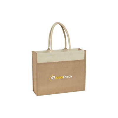 Two tone jute shopping bag with Front Pocket and cotton webbed handles.