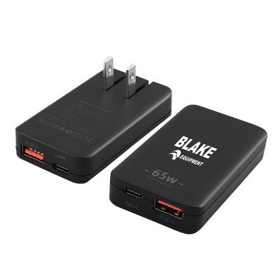 Foldable Super Slim 65w GaN Charger , Dual Ports USB A+C Fast PD Wall Chager Adapter